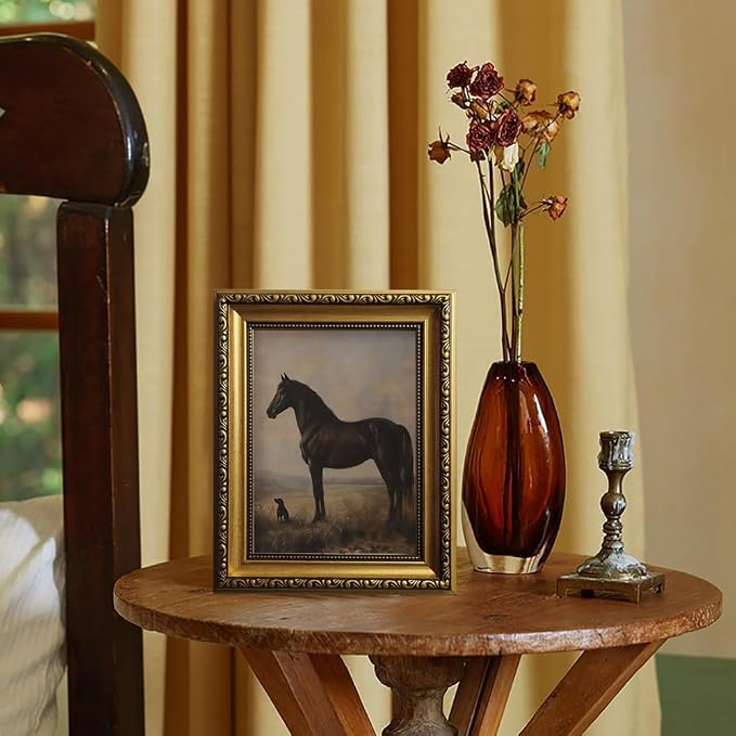Vintage Equestrian Gold Framed Wall Art Black Horse Gundog Wall Decor Art | Antique Victorian Animal Picture Canvas Art Western Country Paintings Small Framed Prints Artwork for Bookshelf Gallery Wall