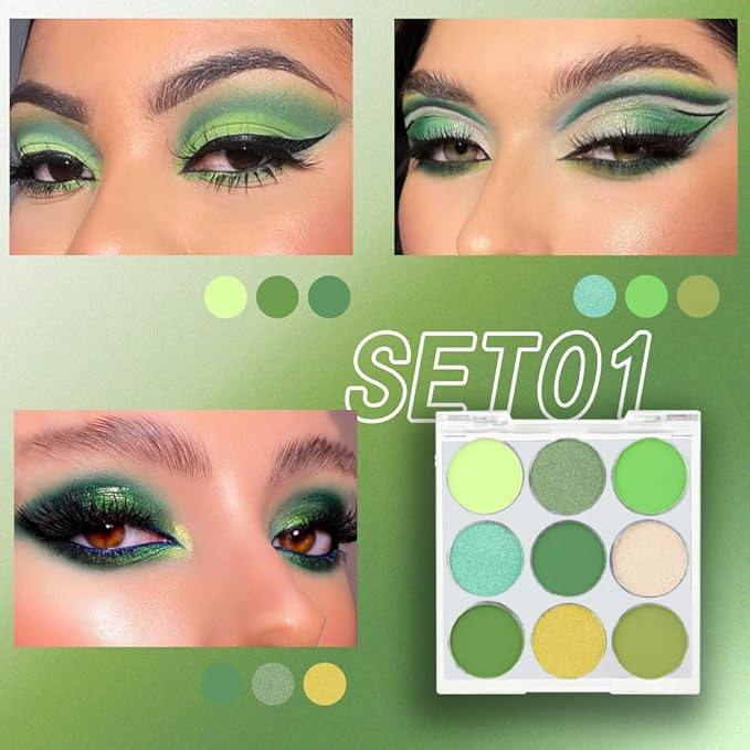 AMY'S DIARY Green Eyeshadow Palette - 9 Color Matte & Glitter Eye Shadows, Long Lasting, Light to Deep Shades for Women