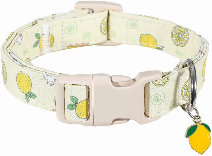Dog Collar, Spring Summer Dog Collar with Yellow Lemon and Cute Charm, Pet Collar with Quick Release Buckle and Durable Fabric, Suitable for Small Dogs