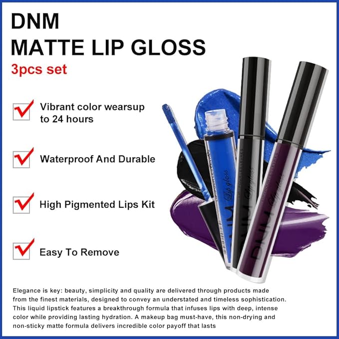 evpct 3Pcs Dark Black Purple Blue Matte Liquid Lipstick Halloween for Women Long Lasting Smudge Proof Black 24 Hours Original Lip Liner and Lipstick Stain Makeup Set labial mate larga duracion 24