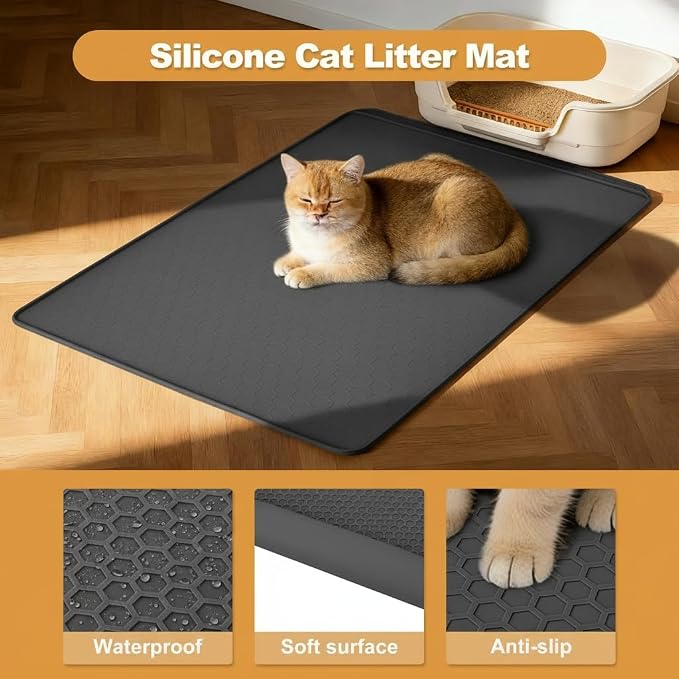 Extra Large Cat Litter Box Mat 34" x 22" – Waterproof Silicone Litter Trapper, Non-Slip, Easy to Clean Floor Protector, Soft on Kitty Paws(Dark Gray)