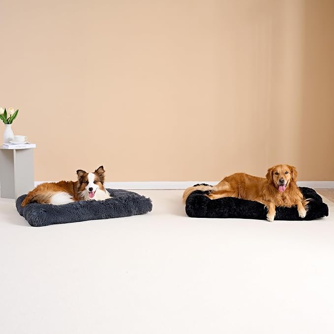 EHEYCIGA Fluffy Dog Crate Bed for Large Dogs, Plush Faux Fur Pad, Dark Grey | Calming Anti Anxiety Large Dog Crate Bed, Washable Soft Warm Mat with Non-Slip Bottom