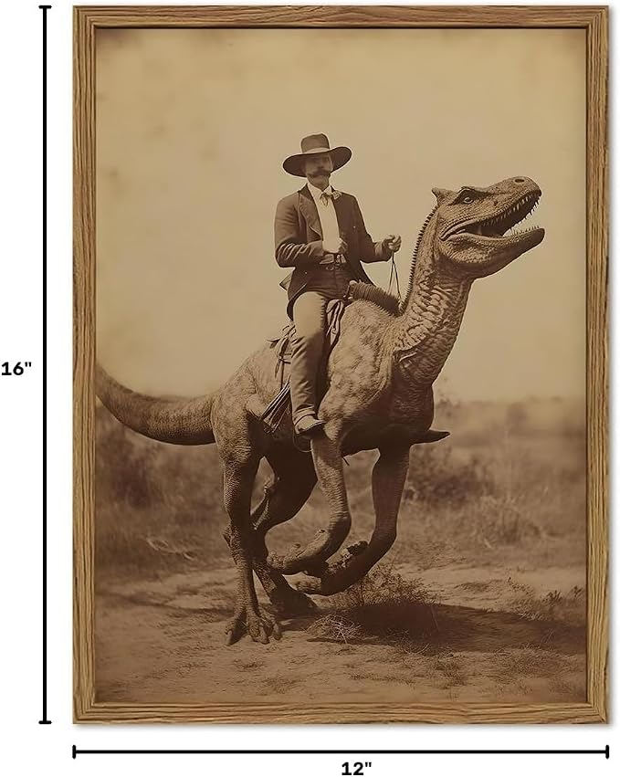 Vintage Dinosaur Cowboy Wall Art Funny Western Jurassic Park Wall Decor Painting, Retro Cowboy Riding Dinosaur Poster Canvas Print Picture for Living Room Bedroom 12x16 inch Wood Framed