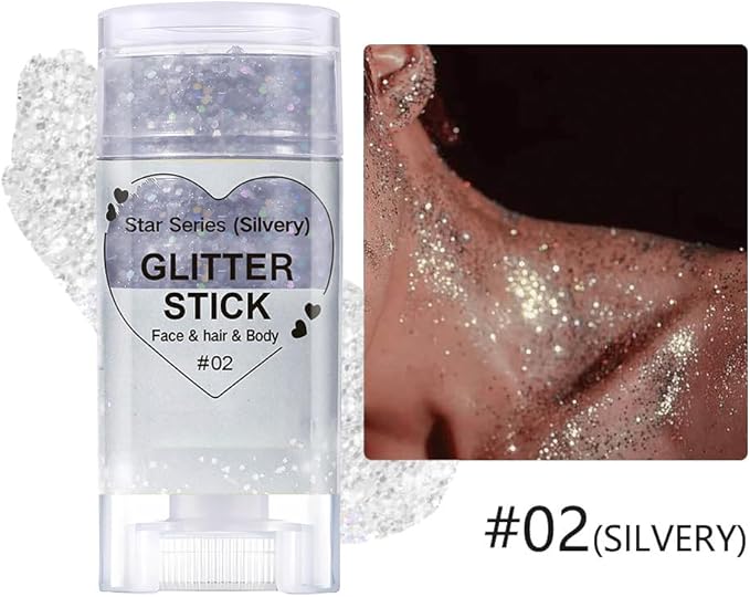 Silvery Body Glitter Stick, Glitter Hair Sticks for Women Sparkling Cheer Glitter Makeup Singer Concerts Disco Music Halloween Christmas, Holographic Chunky Sequins Face Glitter Gel Stick