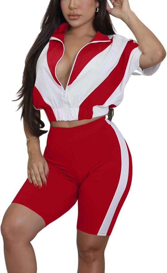 Adogirl Women 2 Piece Outfits Summer Tracksuit Color Block Short Sleeve Full Zip Up Cropped Jacket Bodycon Shorts Lounge Sets
