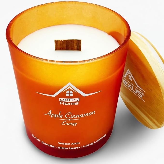 Exus Hand Crafted, Soy Wax, Wood Wick, Aromatic Candle. Non-Toxic (Apple Cinnamon/Energy)