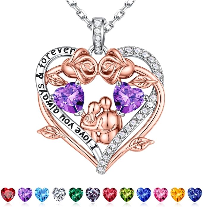 Iefil Valentines Gifts for Her Wife - 925 Sterling Silver Double Heart Birthstone Necklace, Anniversary Birthday Gifts for Women Wife Girlfriend