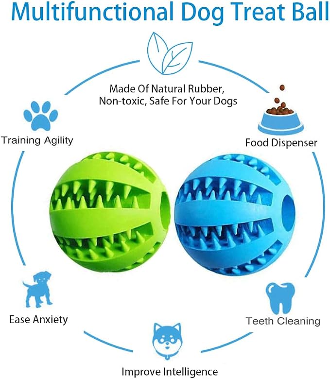 Feixun Dog Treat Toy Ball, Dog Tooth Cleaning Toy, Interactive Dog Toys(1 Green+1 Blue) 2.8" Pack of 2