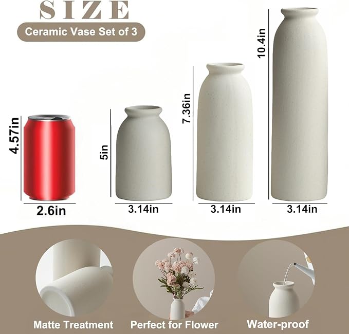 Ceramic Vase Set-3, 10.3 Inch Tall Flower Vases for Decor, Modern Boho Farmhouse Style, Decorative Vases for Pampas Grass & Dried Flowers, Distressed Finish (L Beige)