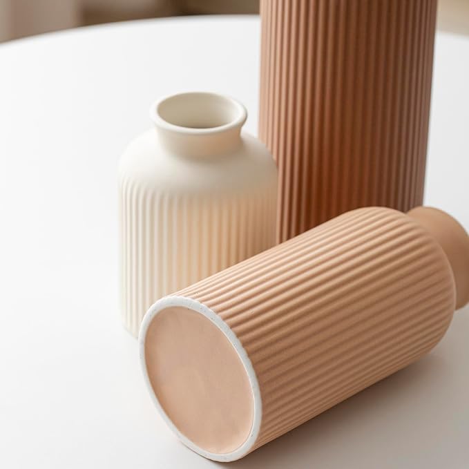 Large Modern Ceramic Vase Set, Coffee Ribbed Matte Design, 3-Piece Decorative Vases for Home, Living Room, Office (XL Coffee Mix)
