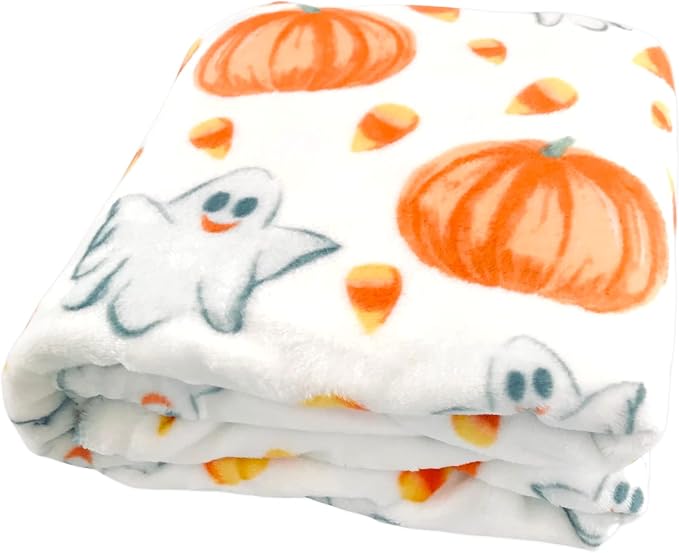 Halloween Ghost Fleece Throw Blanket, Cute Ghosts & Pumpkins, 50x70 XL size | Ultra-soft cozy flannel fleece, for sofa bed couch chair & dorms, spooky Halloween décor, durable and machine washable.