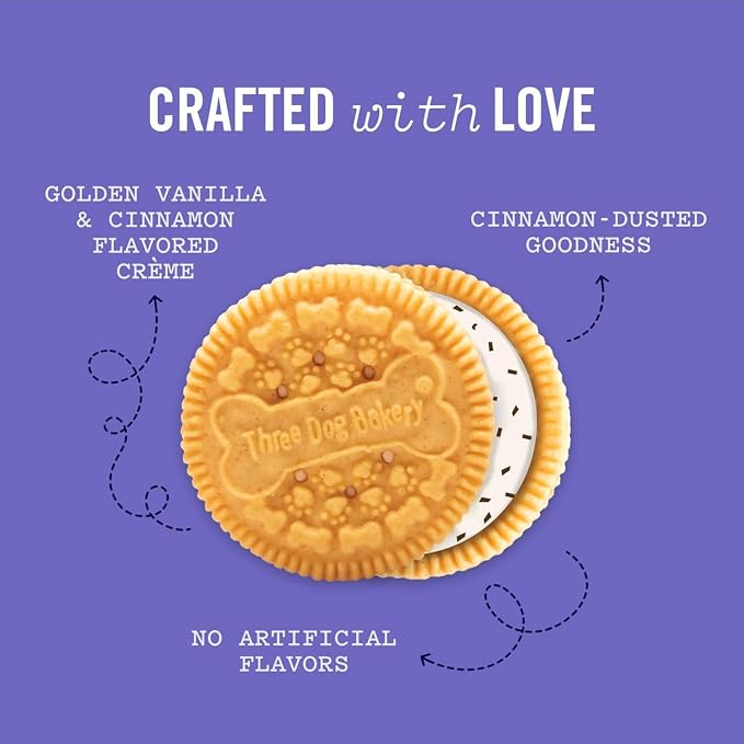 Three Dog Bakery Lick'n Crunch! Dog Treats - 13 oz | Churro Sandwich Cookies - Crunchy Treats with Vanilla & Cinnamon Creme