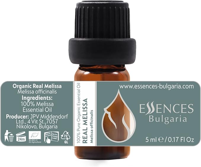 Essences Bulgaria Organic Real Melissa Essential Oil 1/6 Fl Oz | 5ml | Melissa Officinalis | 100% Pure and Natural | Undiluted | Therapeutic Grade | Family Owned Farm | Steam-Distilled | Non-GMO