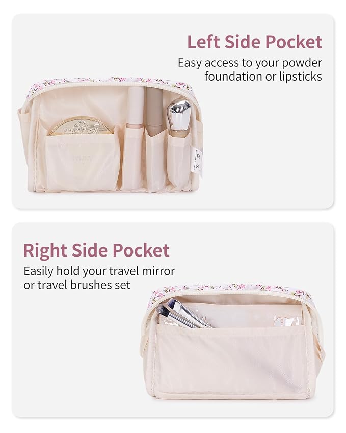 Narwey Small Cute Floral Makeup Bag for Purse Mini Cosmetic Bag Travel Makeup Pouch Zipper Pouch Cute Make up Bags with Compartments for Women Girls (Pink Flower, Small)