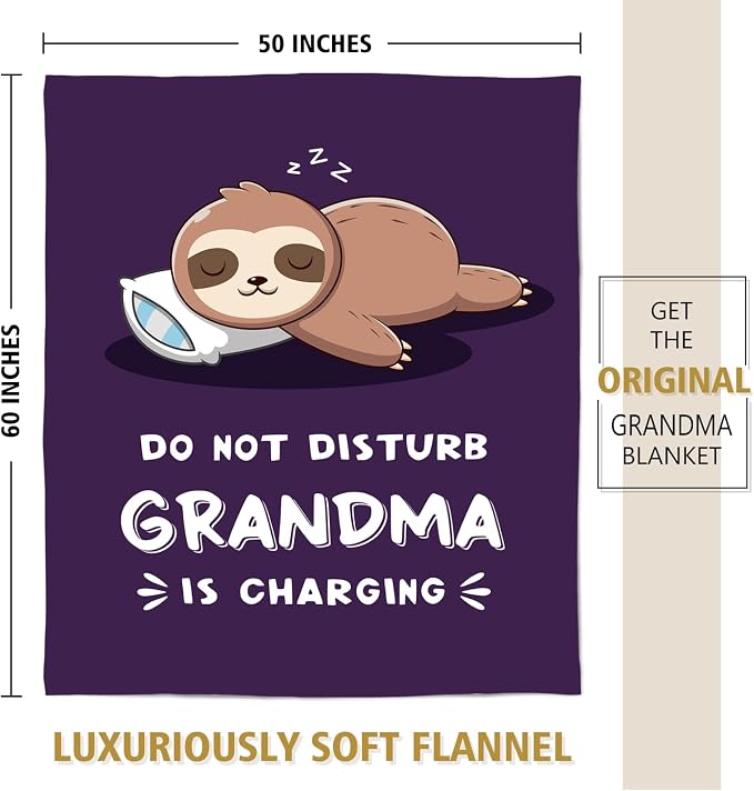 Leebbsin Funny Gifts for Grandma, Grandma Birthday Gift from Grandkids | Grandma is Charging Sloth Blanket 60" x 50", Purple, Grandmas Gift for Christmas Mothers Day, Soft Sloth Blanket for Grandma
