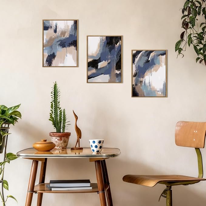 BINCUE Blue Neutral Wall Art Modern Abstract Artwork for Living Room Bedroom Office 12" Lx16 W Set of 3