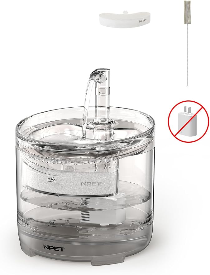 NPET Cat Water Fountain WF050TP 1.5L Automatic Pet Drinking Fountain | with Replacement Faucet Kit, No Adapter, Clear, Easy to Clean
