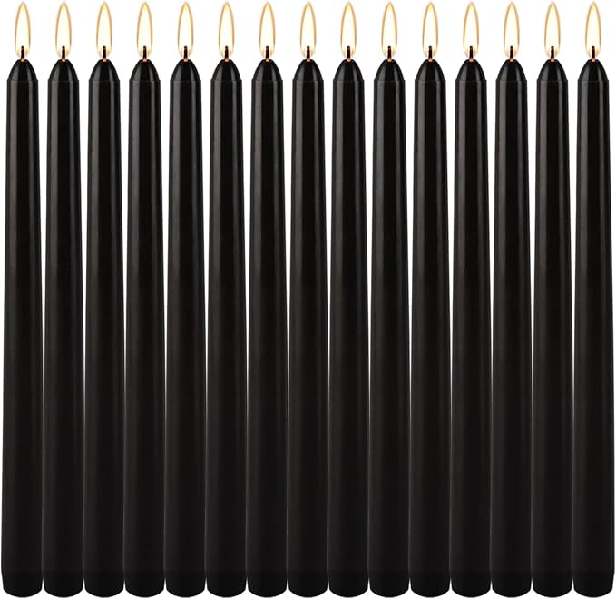 WPONSZU Set of 14 Black Taper Candles, 7-8 Hours Burn Time, Unscented, Smokeless and Dripless, 4/5 x 10 Inch Dinner Candle Set for Halloween,Household, Wedding, Party and Home Décor Candlesticks