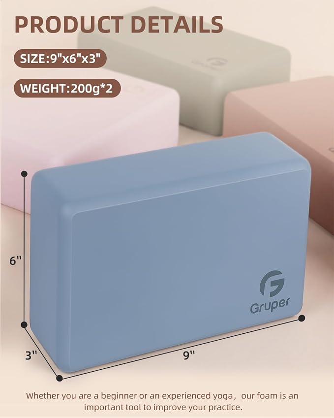 Gruper Yoga Blocks 2 Pack, 9"x6"x3" Exercise Blocks High-Density EVA Foam Blocks with Soft Non-Slip Surface, Lightweight Yoga Props for Yoga Pilates Meditation & Stretching