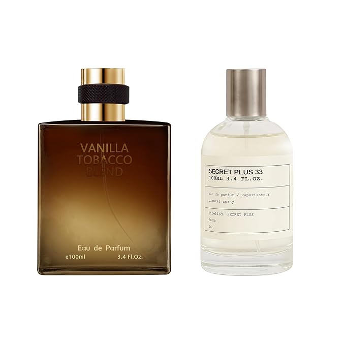 AFLUXE 2PCS Mens Perfume Cologne Long Last Strong EDP Natural Spray Gift Set, with Cocoa, Dried Fruits, Woody Fragrance for Daliy Use, 3.4 Fl Oz / 100 mL Each (Secret Plus 33 Men & Vanilla Tobacco)