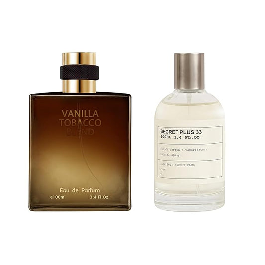 AFLUXE 2PCS Mens Perfume Cologne Long Last Strong EDP Natural Spray Gift Set, with Cocoa, Dried Fruits, Woody Fragrance for Daliy Use, 3.4 Fl Oz / 100 mL Each (Secret Plus 33 Men & Vanilla Tobacco)