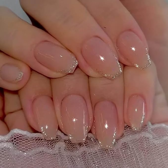 Hkanlre Bling Coffin Press on Nails Fake Nails Tips Full Cover Medium False Gradient Nails for Women and Girls 24PCS (Gold pink)