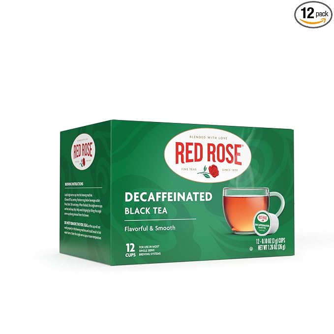 Red Rose Naturally Decaffeinated Black Tea Specially Blended Strong Black Tea with 12 Single Serve Tea K-Cups Per Brew Hot/Cold Decaf Full-bodied K-Cups Single Serve Cups