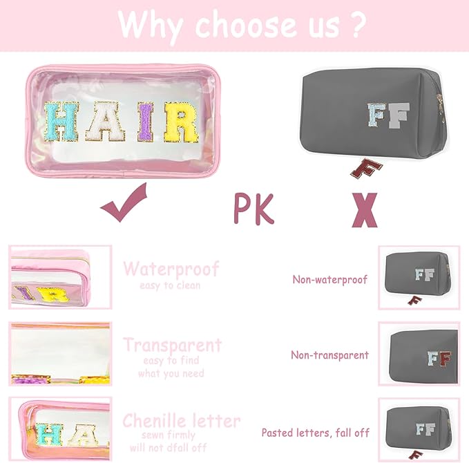 Bunliuys Chenille Letter Clear Makeup Bag Travel Patch, Travel Toiletry Makeup Bag with Handle, Nylon Waterproof Makeup Bags clear cosmetic bag, preppy patch makeup bag for Women (TRAVEL-Pink)