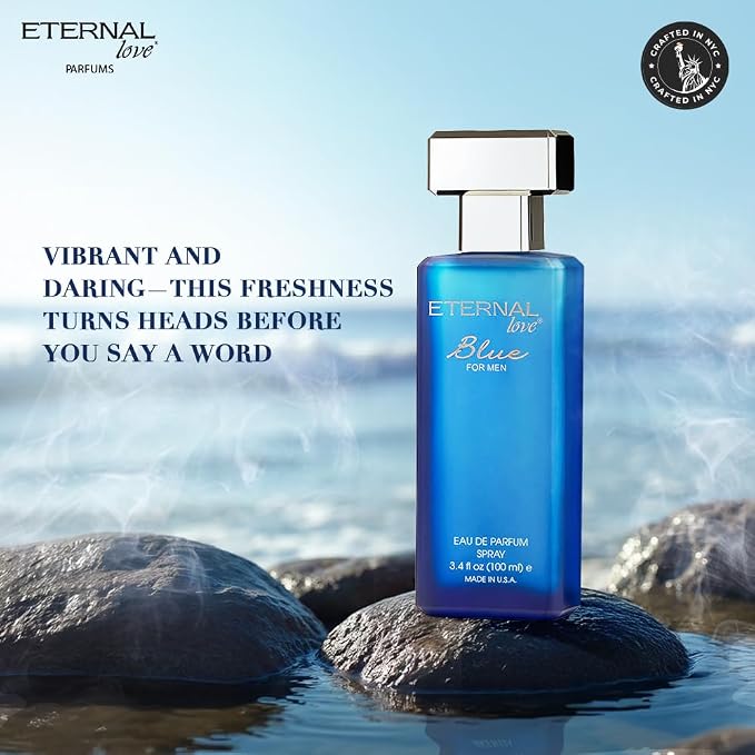 Eternal Love Blue for Men - Long Lasting Eau de Parfum Spray - Fresh Marine Scent with Musk & Warm Woods- Light and Breezy Fragrance - 3.4oz