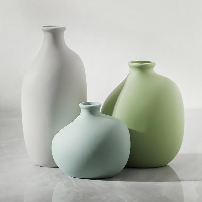 Small Ceramic Vase Set of 3, Modern Neutral Decorative Pottery Vases | Three different shapes with soft matte colors, perfect for shelves, tables, dried flowers and home styling.