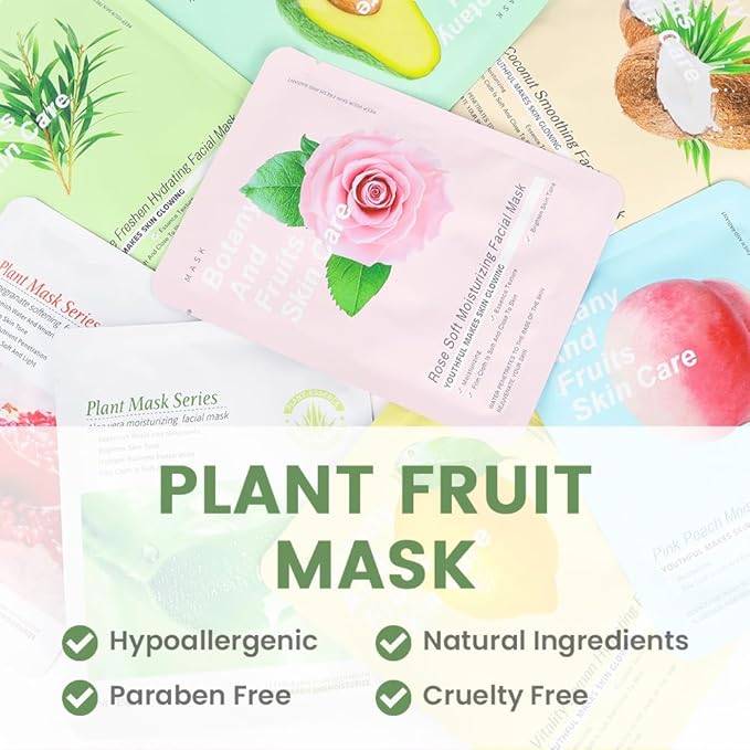 evpct 8-Pack Fruit Sheet Face Facial Masks for Women Skincare Spa, Facial Spa Day Slumber Sleepover Birthday Party Favors Supplies Kit, Natural Ingredients, Hydrate and Soothe for All Skin Types, B02