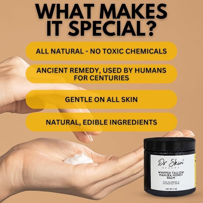 Whipped Beef Tallow and Manuka Honey Balm, 4oz, Orange scent, Grass Fed Grass Finished Organic Face Cream, Body Lotion, and Lip Balm for psoriasis, eczema and babies