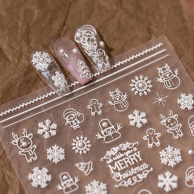 Christmas Nail Stickers for Nail Art, 5D Self-Adhesive Snowflake Pearl Nail Decals, Nail Supplies Nail Art Design Accessories for Women and Girls Manicure DIY Decoration