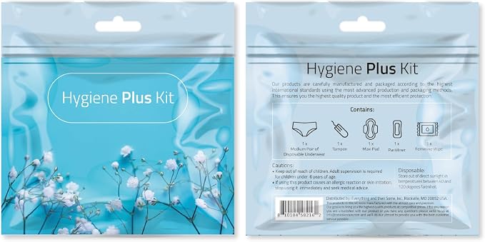 Hygiene Plus Period Kit with Disposable Underwear (Medium) – Menstrual Kit with Tampon, Pad & Pantyliner – Feminine Hygiene Kit for Girls, Teens & Women (Blue Flowers)
