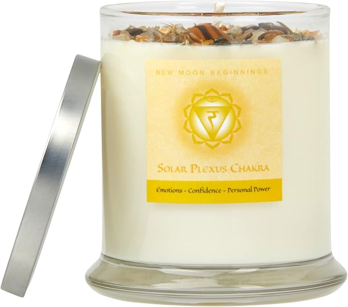 Solar Plexus Chakra Candle by New Moon Beginnings - Chakra Candles - Dried Flower, Herb, & Crystal Candles - Aromatherapy Candles - Soy Candle - 12oz Glass Jar