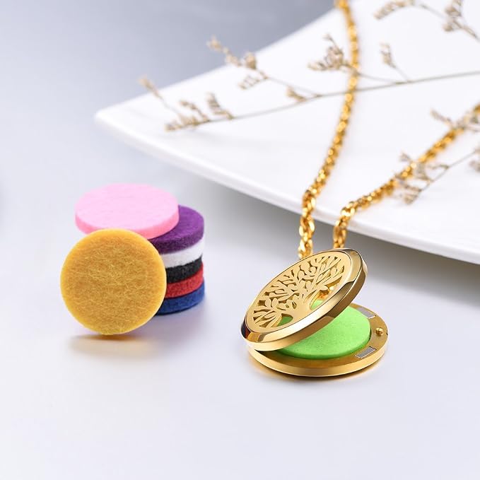 PROSTEEL Tree of Life Locket Essential Oil Diffuser Perfume Necklace Aromatherapy Necklace,Women Jewelry,18K Real Gold Plated,Valentine Christmas Gift