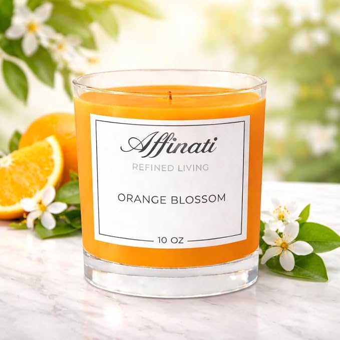 Orange Blossom Affinati 10 oz Scented Candle for Home – Long Lasting Fruity Soy Blend Candle with Wooden Wick, Strong Scent Throw Glass Jar Candles, Premium Clean Burning Aromatherapy Gifts