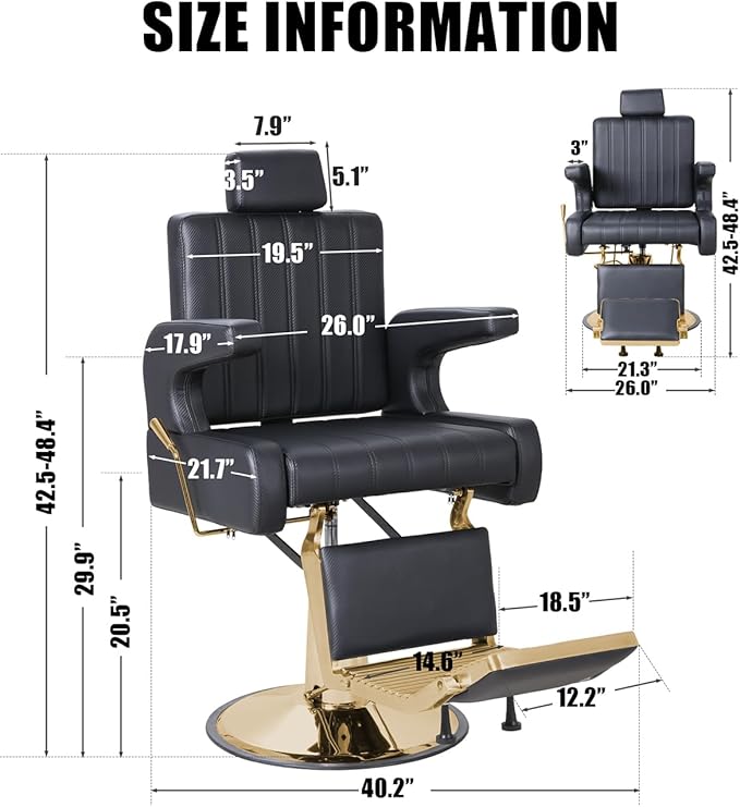 Salon Barber Chair for Hair Stylist, Reclining Beauty Chair with Heavy Duty Hydraulic Pump, 360° Swivel Hair Styling Chair for Barbershop Beauty Spa Salon Home (Black & Gold, Standard)