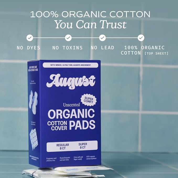 August Menstrual Day & Night Organic Cover Pads, 48-Pack Regular, 48-Pack Super Pads, Compostable Wrappers, Hypoallergenic Organic Cover Sanitary Napkins for Anyone Who Menstruates (6 Boxes of 16)