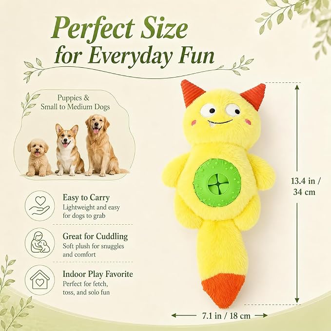 Cute Monster Plush Dog Chew Toy – Squeaky Ball, Crinkle Paper & Treat Dispenser, Washable Interactive Stuffed Toy for All Breeds, Relieves Boredom & Anxiety(Yellow)