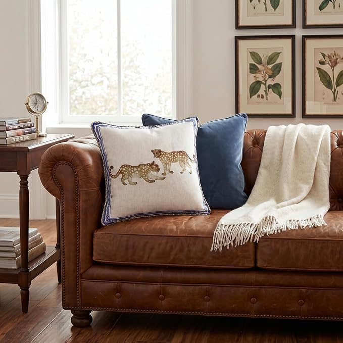 patdrea Designer French Vintage Linen Throw Pillow Cover,18"x18"-Fromm E | Elegant Decorative Pillow Case with Zipper,Leopard Pattern,Pillow Cover for Couch Living Room Bedroom Sofa