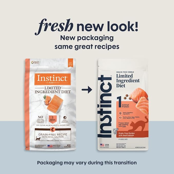 Instinct Limited Ingredient Diet Dry Cat Food, Real Salmon, 4.5 lb. Bag | Single animal protein and vegetable recipe, raw-coated kibble, wild-caught salmon, gentle on sensitive stomachs