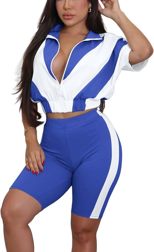 Adogirl Women 2 Piece Outfits Summer Tracksuit Color Block Short Sleeve Full Zip Up Cropped Jacket Bodycon Shorts Lounge Sets