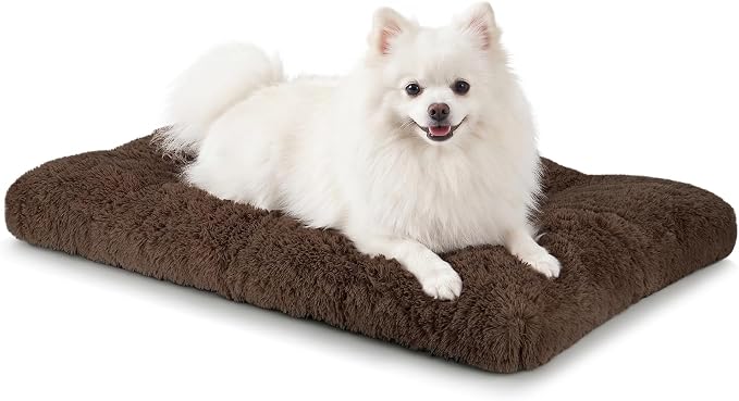 JOEJOY Dog Bed Crate Pad, Deluxe Plush Washable Dog Beds Fulffy Soft Kennel Pad Anti-Slip Pet Sleeping Mat for Small Dogs，23" x 18", Brown