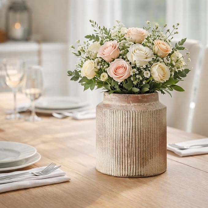 SIDUCAL Ceramic Vintage Rustic Terracotta Vase, 7.2 Inch Farmhouse Decorative Pottery Vase Wide-Mouth Vases for Home Decor, Living Room, Bookshelf, Bedroom, Bathroom, Kitchen, Whitewashed