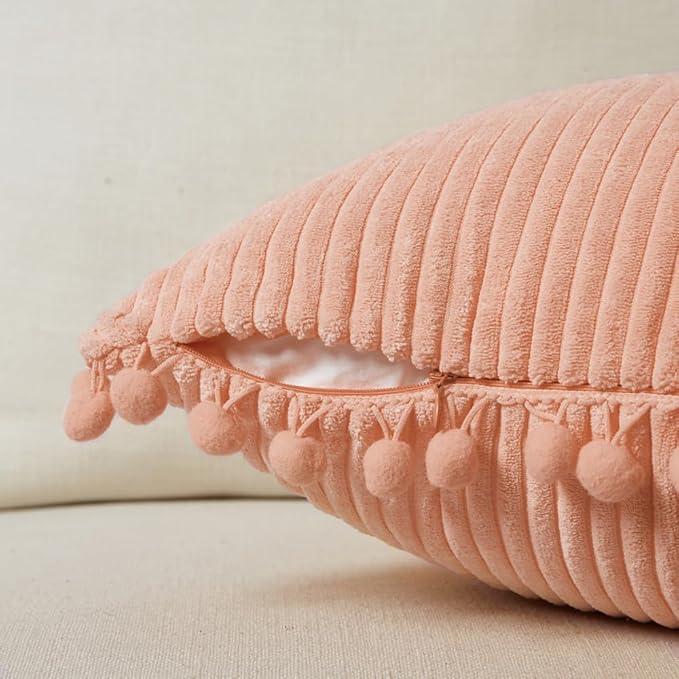 Fancy Homi 2 Pack Peach Lumbar Decorative Throw Pillow Covers 12x20 Inch with Pom-poms for Couch Bedroom Sofa, Farmhouse Boho Home Decor, Soft Coral Corduroy Solid Rectangle Cushion Case 30x50 cm