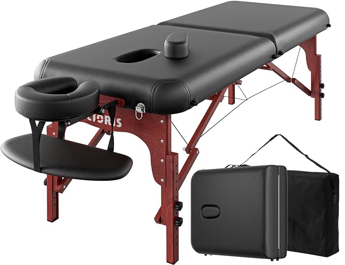 CLORIS 84" Professional Massage Table Portable 2 Folding Lightweight Facial Salon Spa Tattoo Bed Height Adjustable with Carrying Bag & Wooden Leg Hold Up to 1100LBS Black