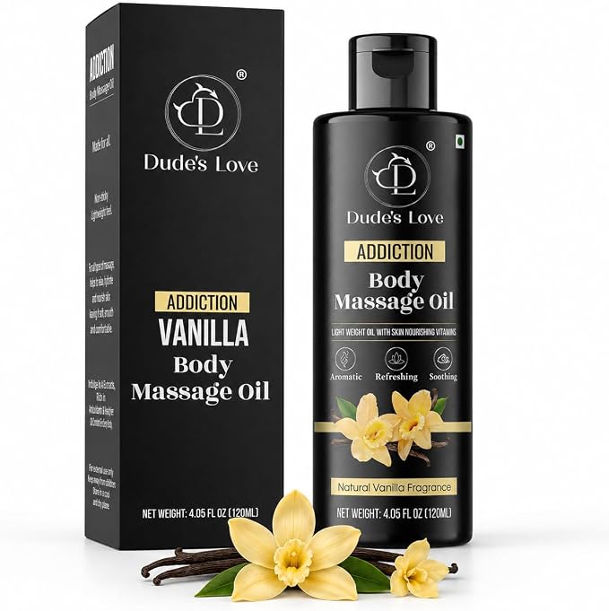 Dude's Love Vanilla Body Massage Oil Organic Non-Sticky Formula with Fractionated Coconut Oil, Vanilla & Jasmine Oil -Light Moisturizing Massage Therapy - 4.05 Fl Oz