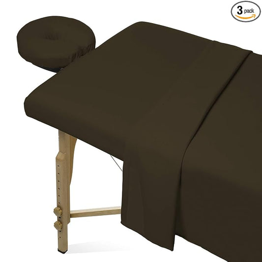 Saloniture 3-Piece Microfiber Massage Table Sheet Set - Premium Facial Bed Cover - Includes Flat and Fitted Sheets with Face Cradle Cover - Chocolate Brown