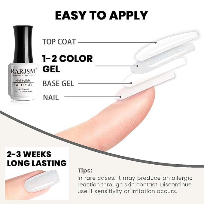 RARJSM Nude Milky White Gel Nail Polish Blue Tone Rainbow Glitter Chunky Iridescent Sparkle Shimmer Diamond Jelly Transparent Gel Polish Single Bottle Soak off UV LED Cured for Home Salon Manicure